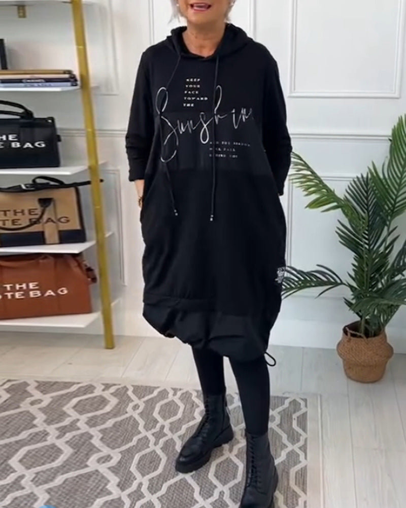 Casual color block letter print pocket hooded dress