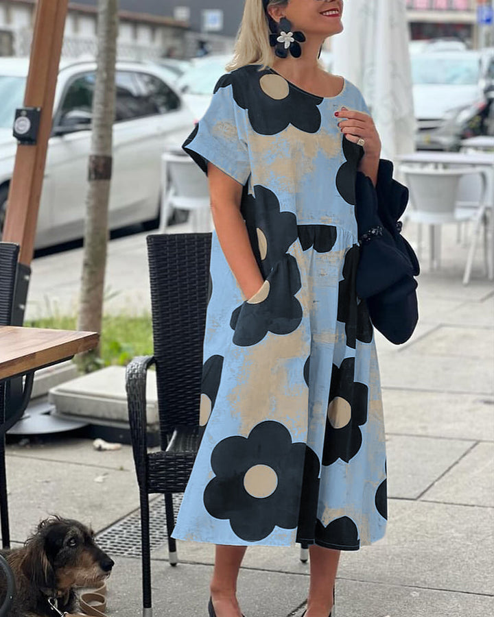 Floral print crew neck pocket loose dress