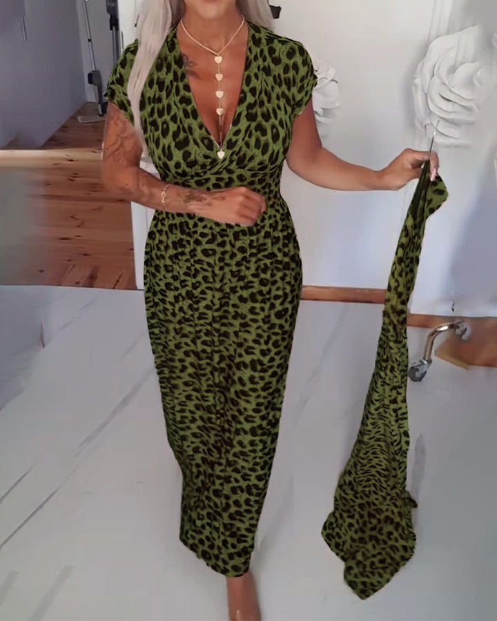 Elegant Leopard Print V-Neck Dress