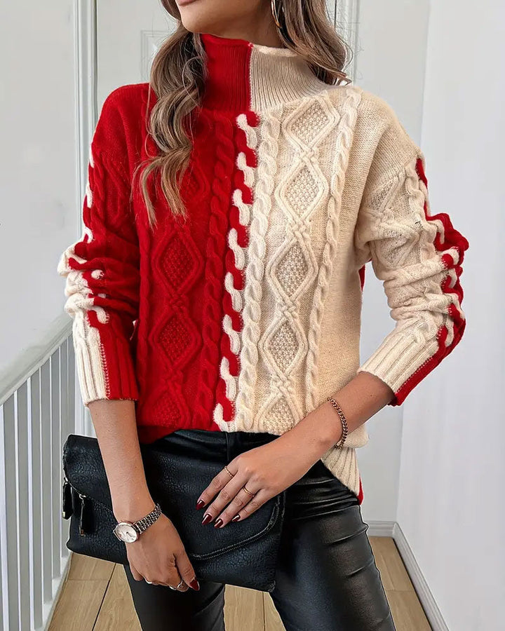 Turtleneck Contrast Cable Sweater