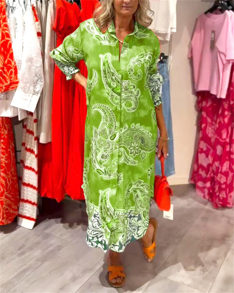 Stand Collar Long Sleeve Cashew Print Dress