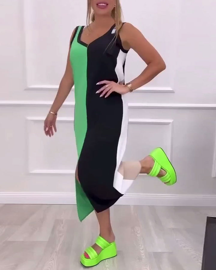Fashionable Contrast Color Slit Dress