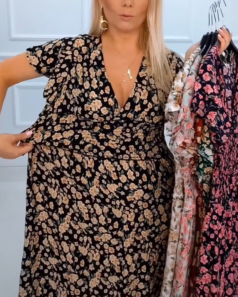 Casual Floral Print V-Neck Dress