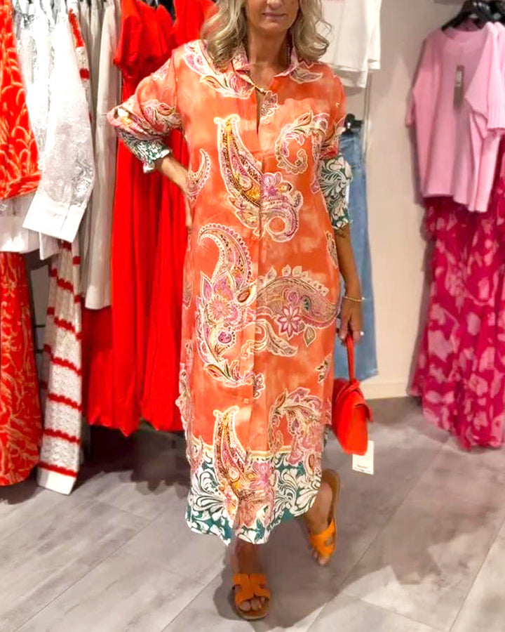 Stand Collar Long Sleeve Cashew Print Dress