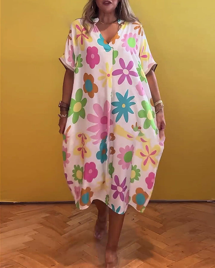 Loose V-neck floral print dress