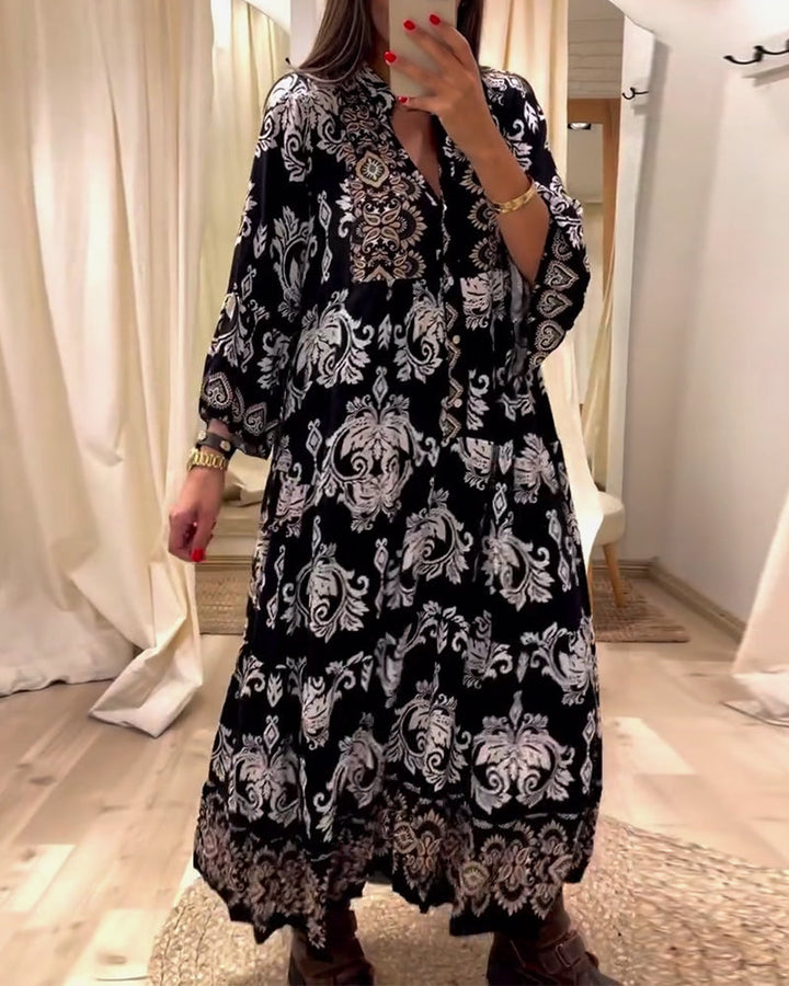 Vintage printed pleated loose dress