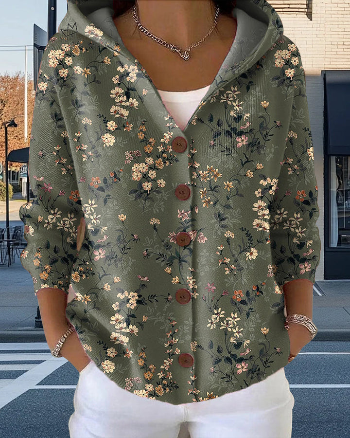 Casual Hooded Printed Button Cardigan
