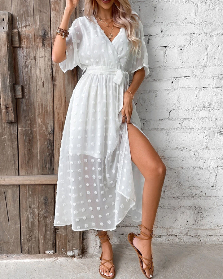 Solid color v neck elegant dress