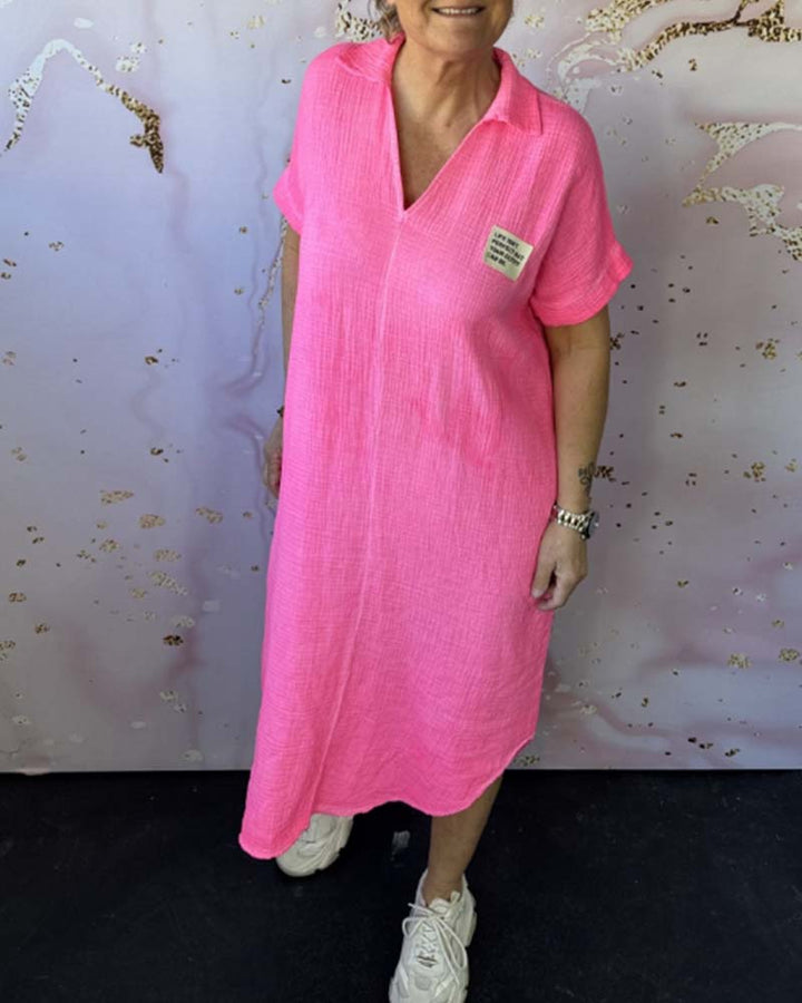 V-Neck Pleated Solid Color Long Dress