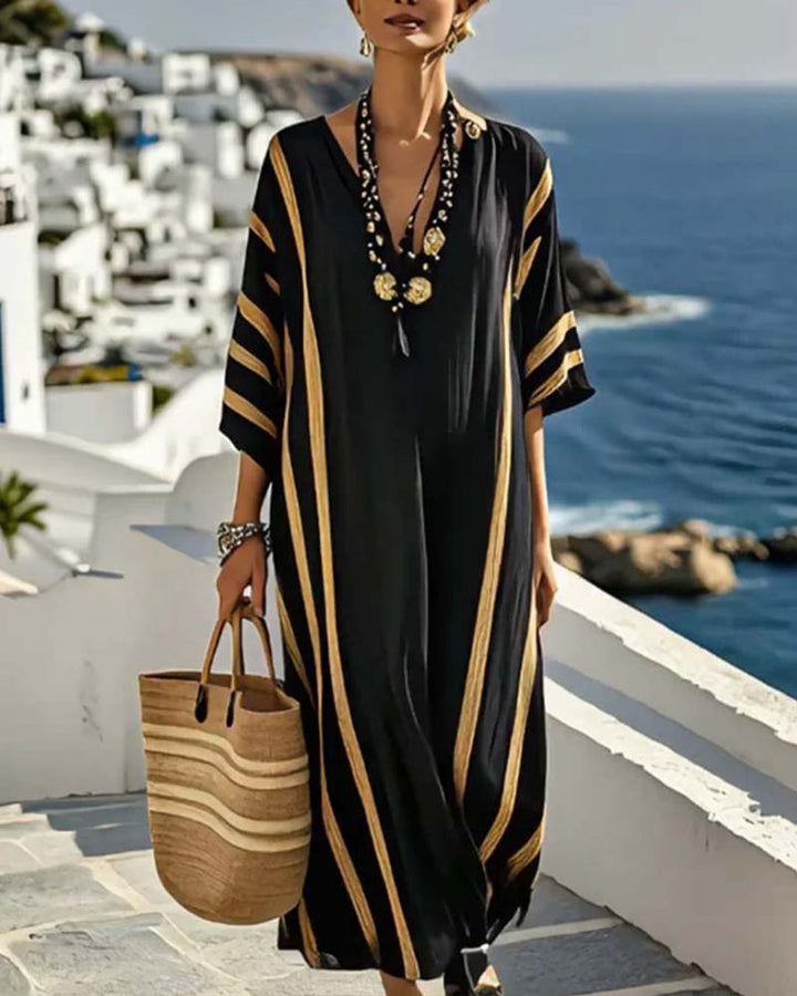 Loose V-Neck Vertical Striped Dress