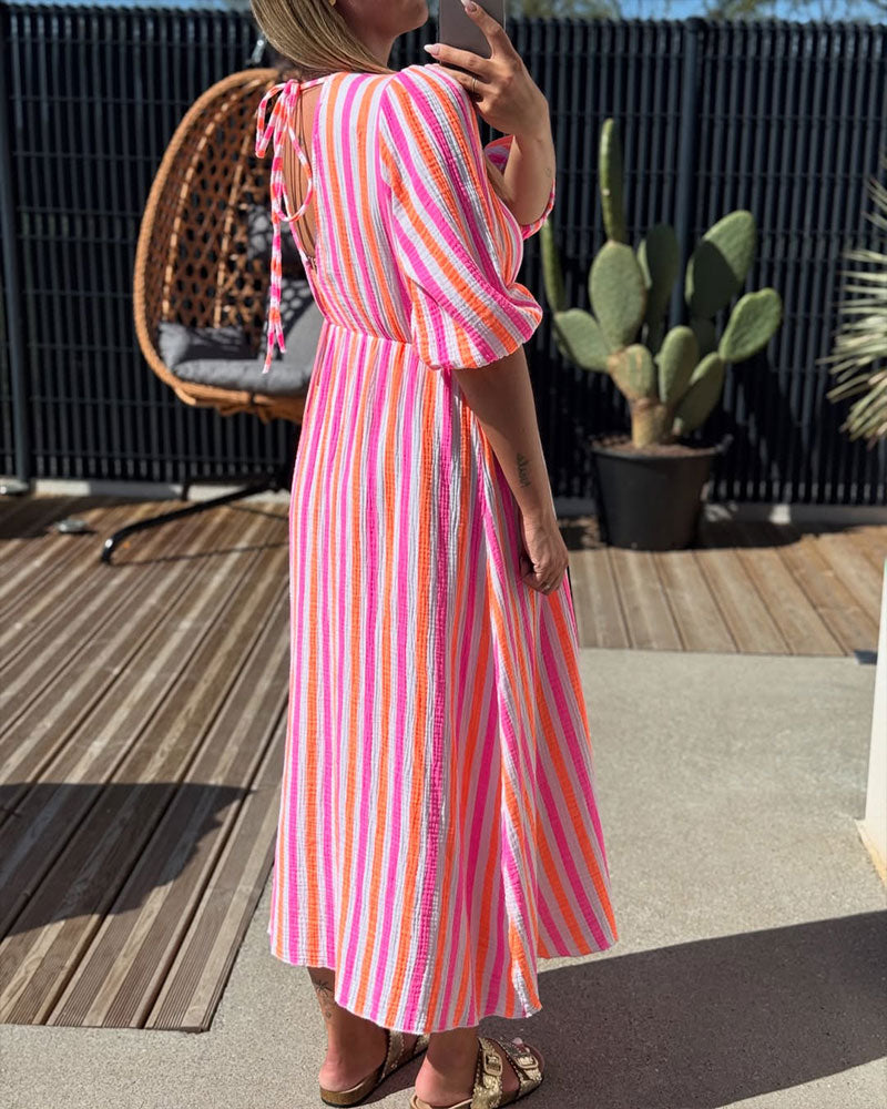 V-Neck Striped A-Line Dress