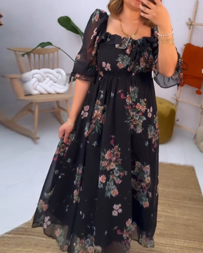 Floral print square neck elegant dress