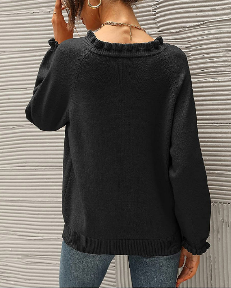 Casual solid color lapel button ruffle pullover