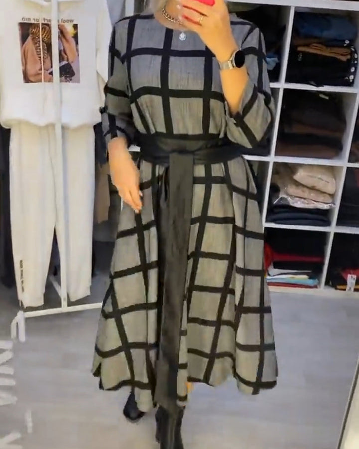 A-Line Plaid Dress with Round Neck