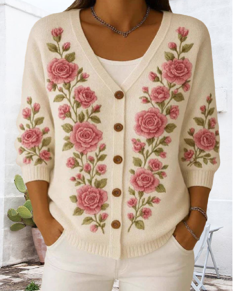 V-Neck Jacquard Cardigan Sweater