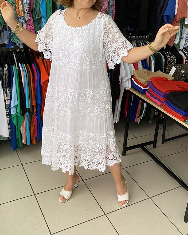 Solid color short sleeve lace dress