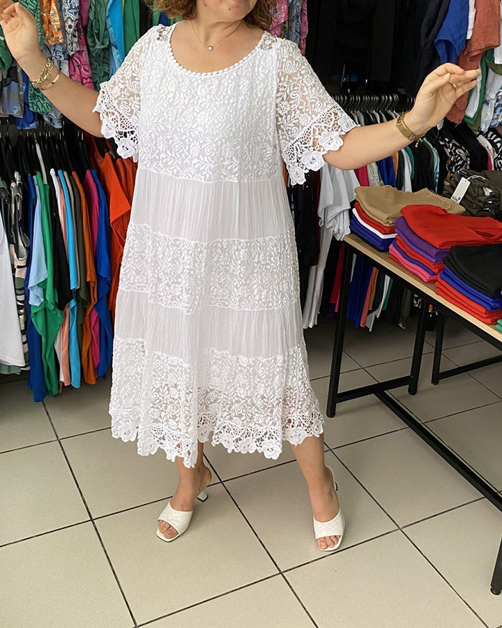 Solid color short sleeve lace dress