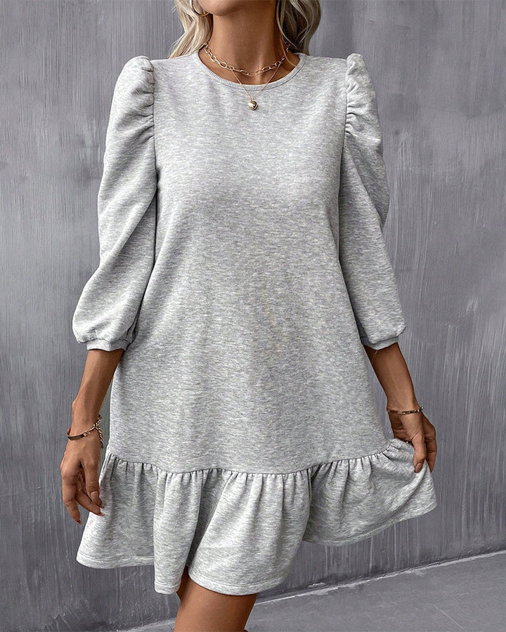 Solid Color Puff Sleeve Dress