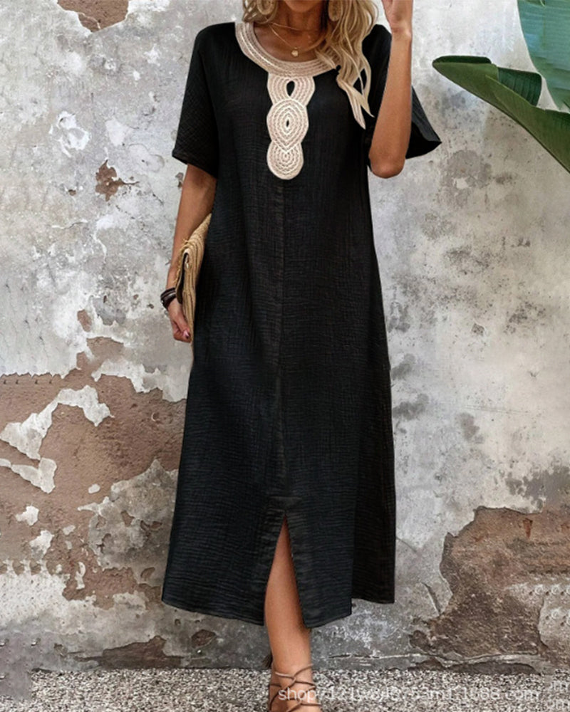 Solid color round neck slit dress