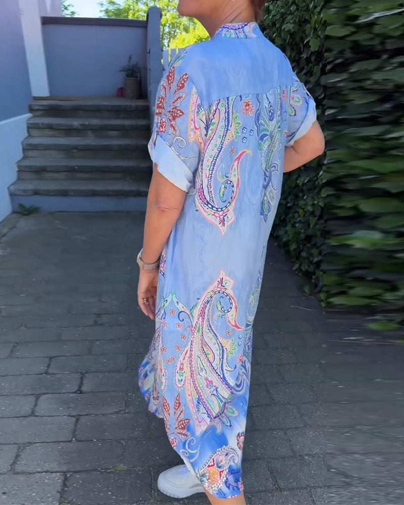 V-neck fold sleeve printed dress