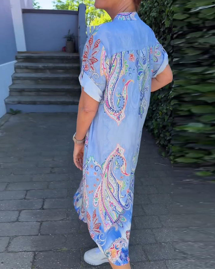 V-neck fold sleeve printed dress