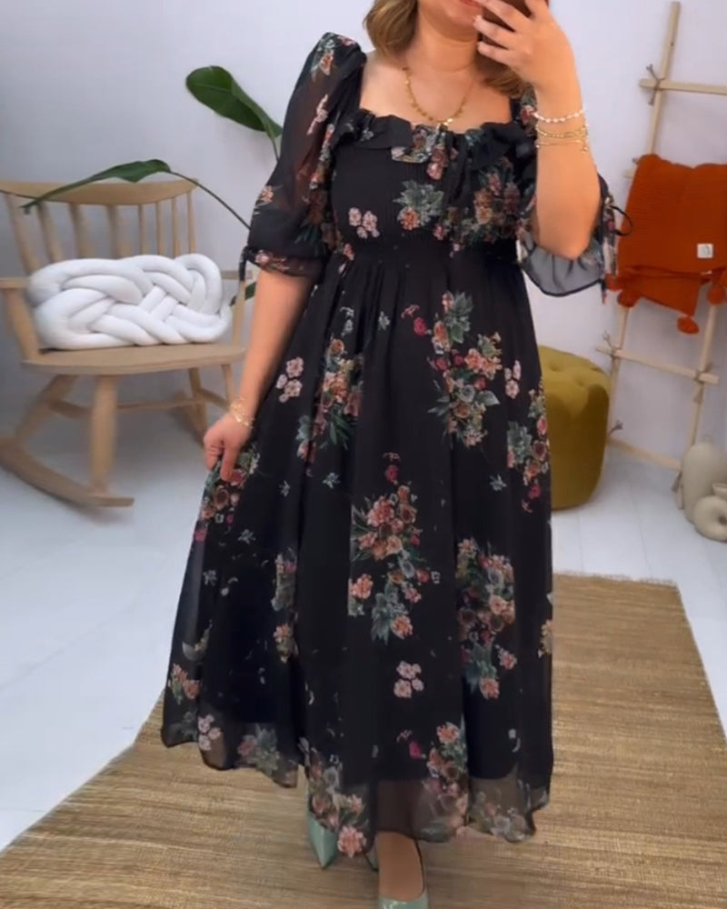 Floral print square neck elegant dress