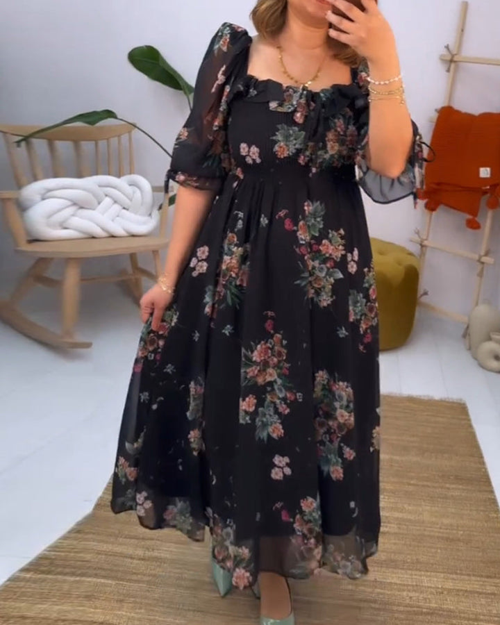 Floral print square neck elegant dress