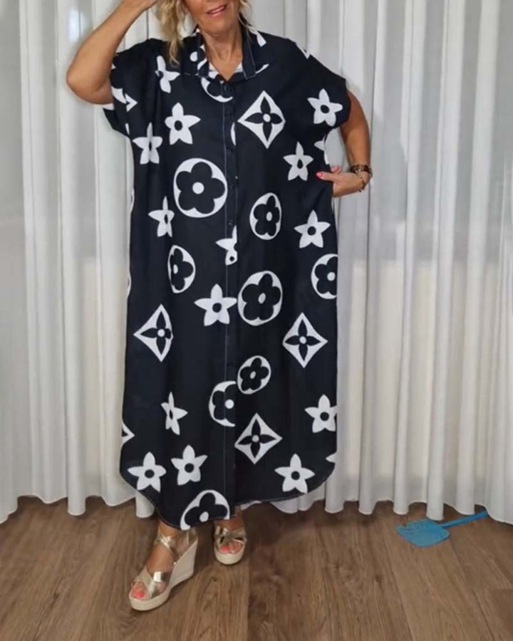 Contrast print lapel button casual dress