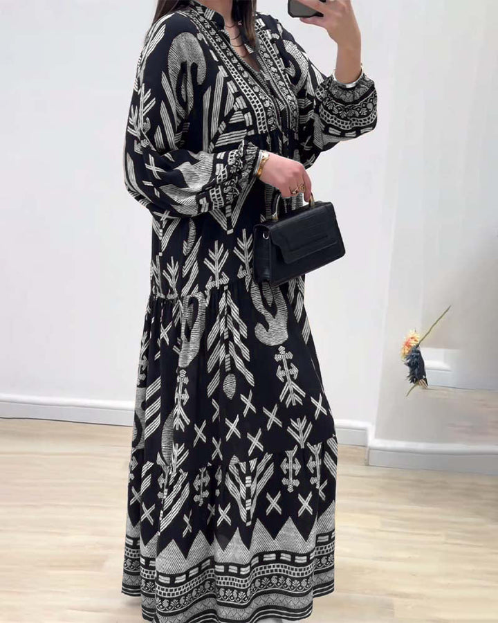 V-neck long-sleeved printed dress