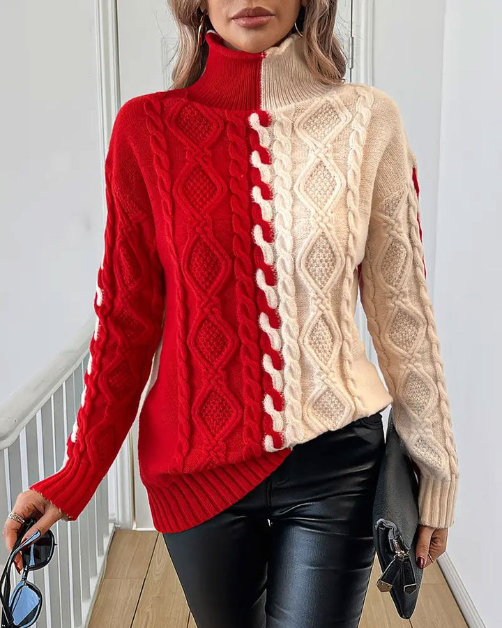 Turtleneck Contrast Cable Sweater