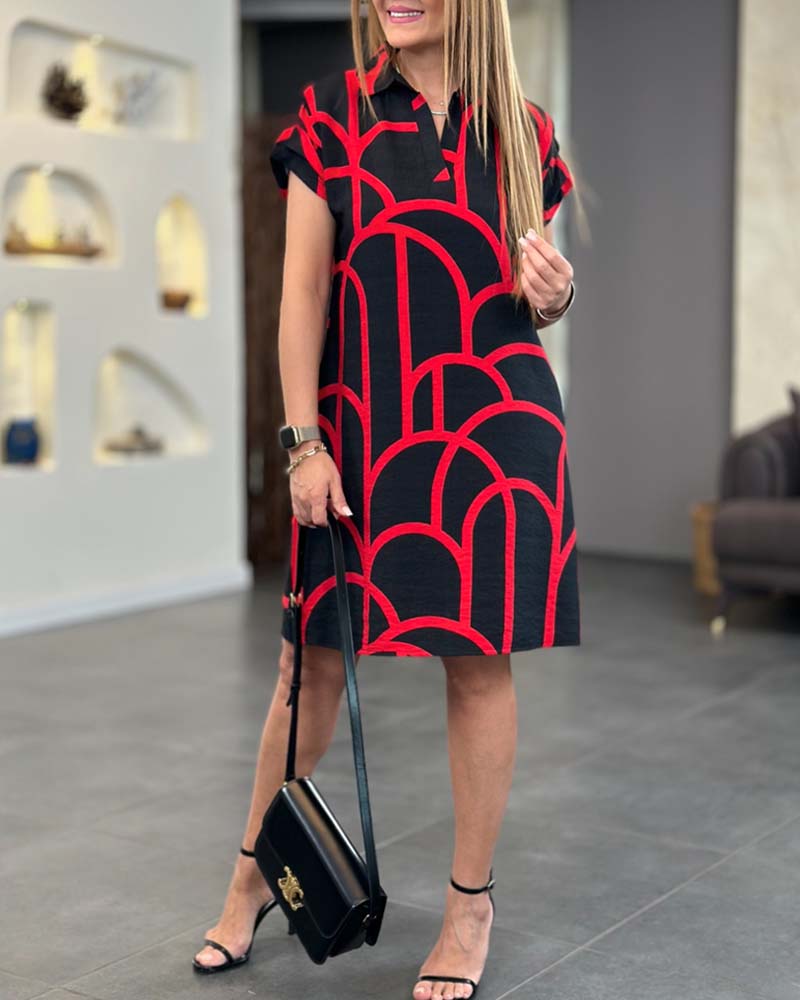 Lapel line printed short-sleeved midi dress