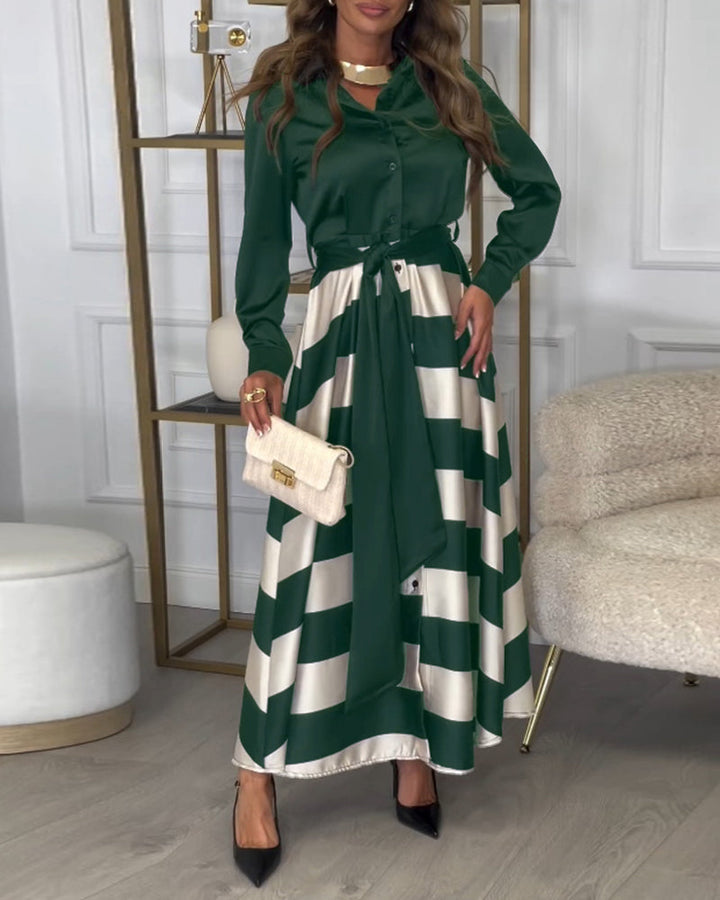 Elegant striped printed lapel strap dress