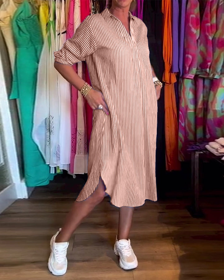 Striped printed lapel casual dress