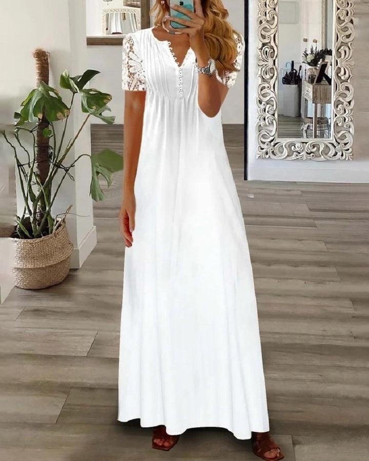 Floral print lace short sleeve long dress