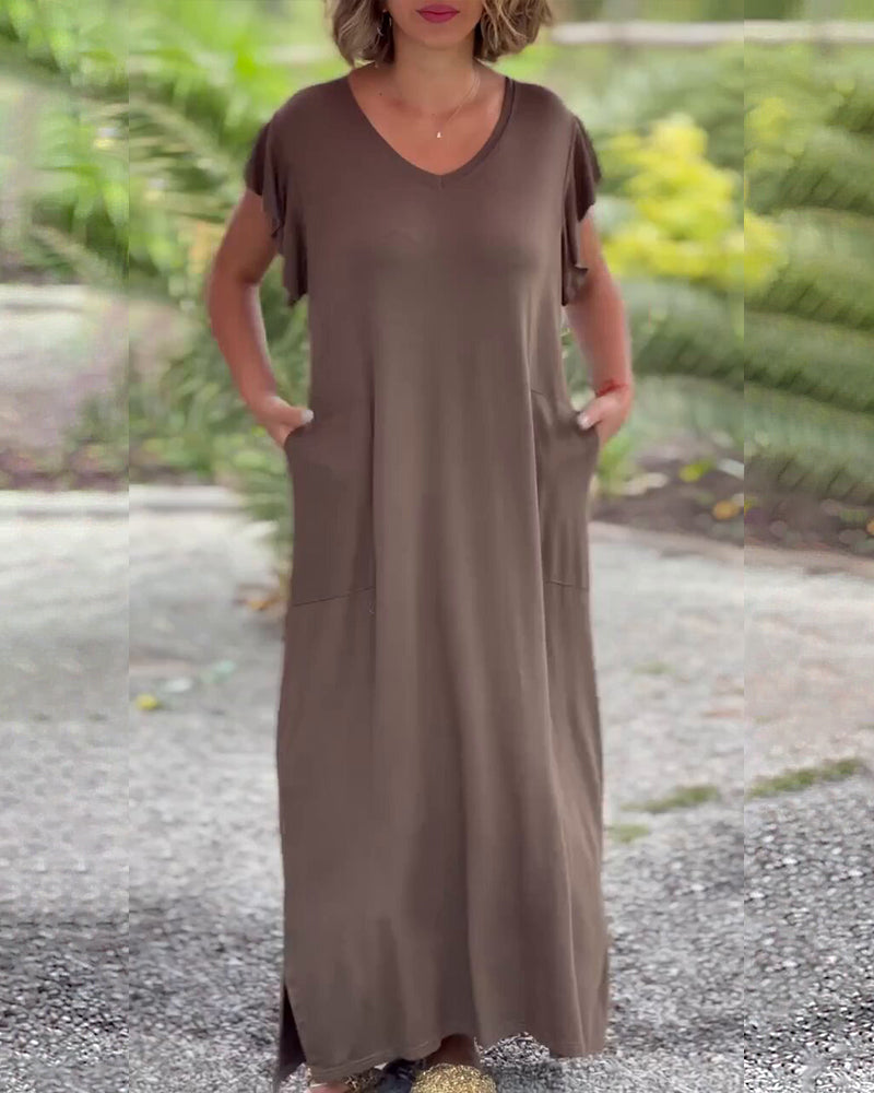 Solid color pocket short sleeve long dress