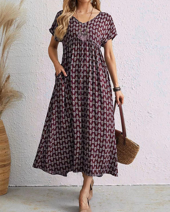 V neck short sleeve long dress