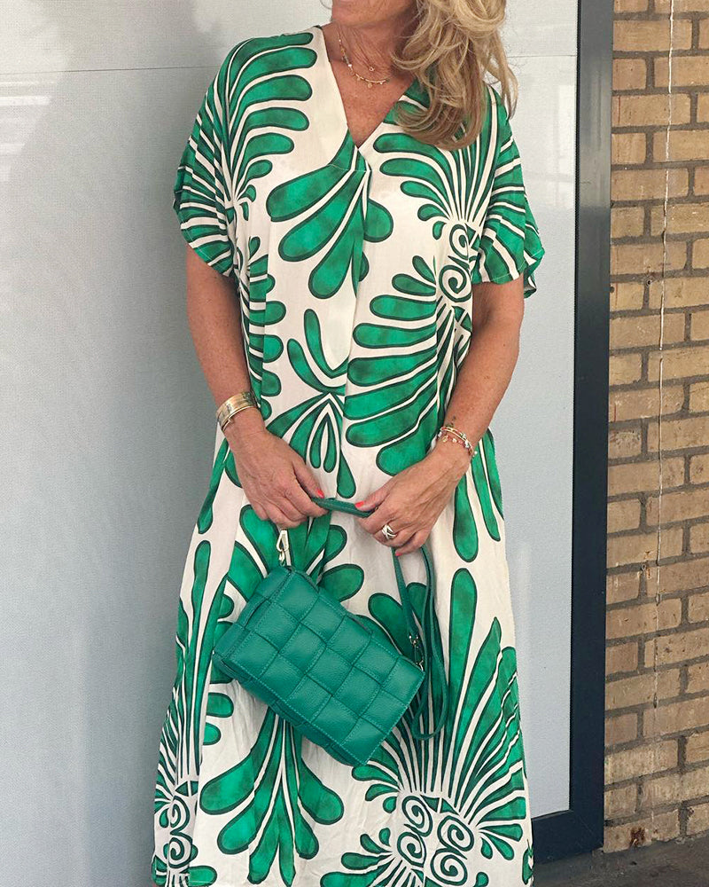 Leaf print v-neck dress