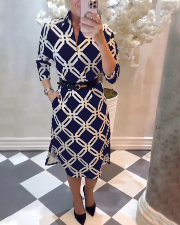 Geometric print side slit elegant dress