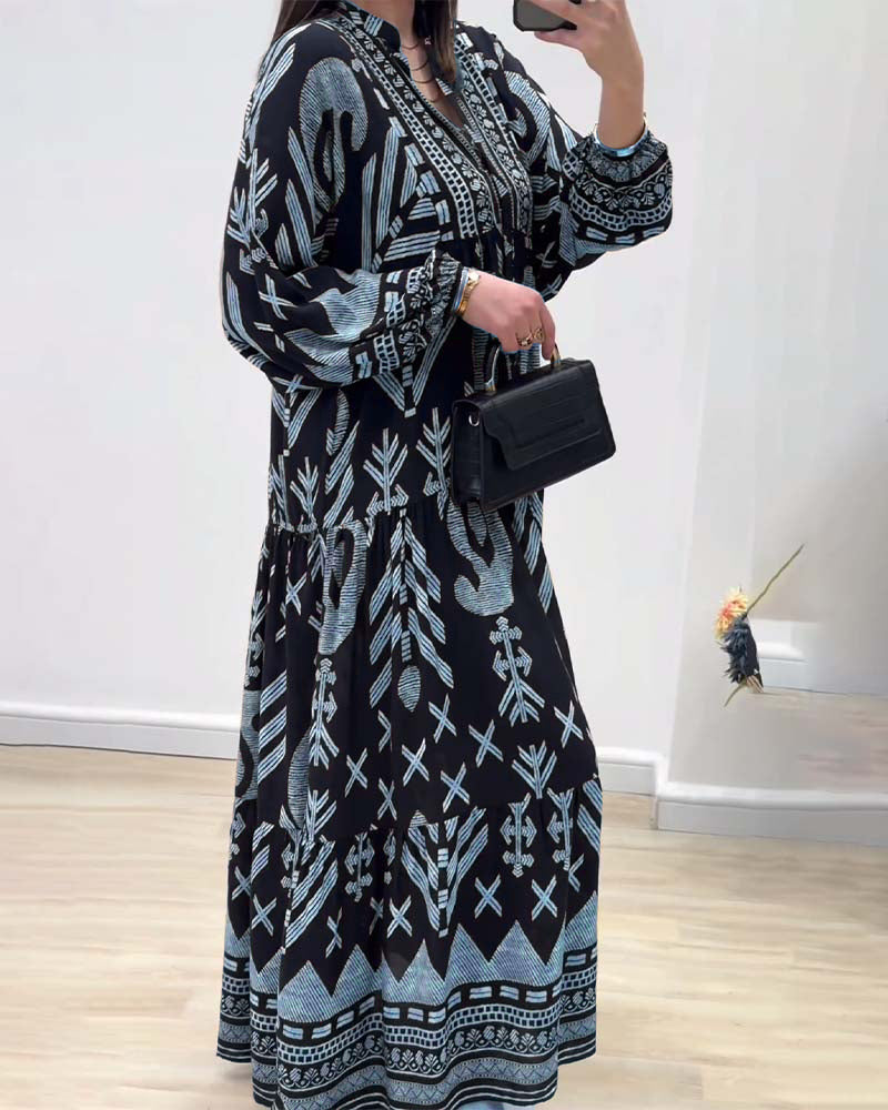 V-neck long-sleeved printed dress