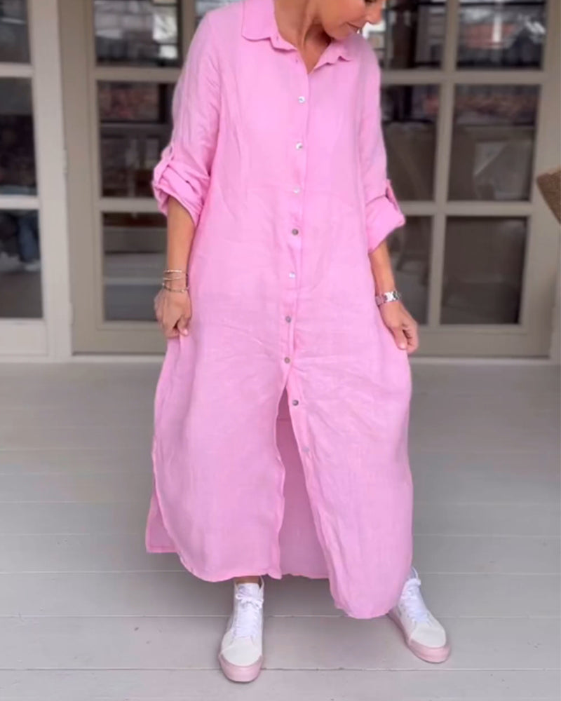 Solid color button lapel casual dress