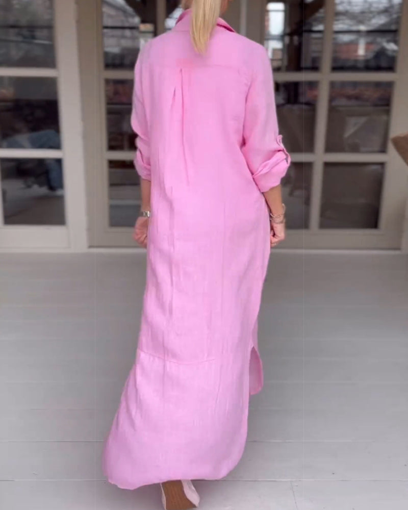 Solid color button lapel casual dress