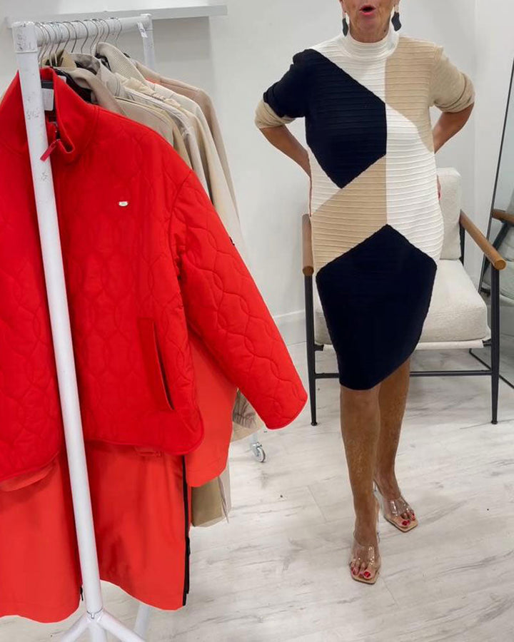 High-Neck Color-Block Sweater Dress