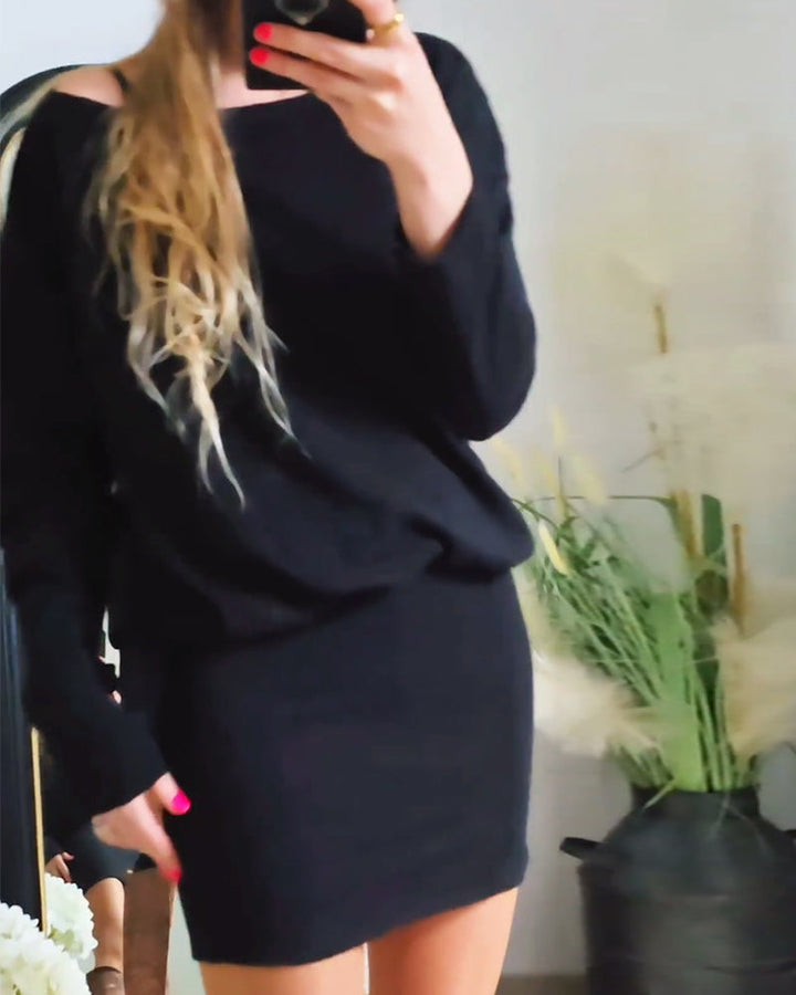 Fashion solid color round neck hip-wrapped long sleeve dress