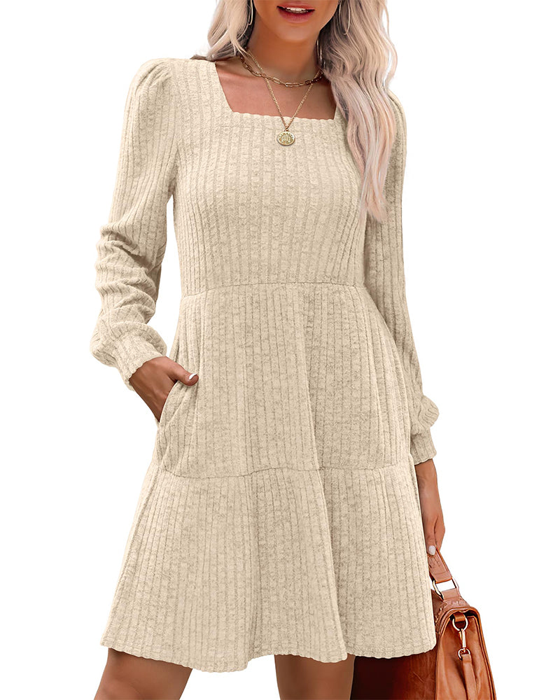 🍂2025 Autumn New Style⏰Women's Square Neck Lantern Sleeve Ribbed Dress