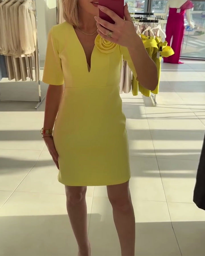Elegant Handmade Flower Solid Color Dress