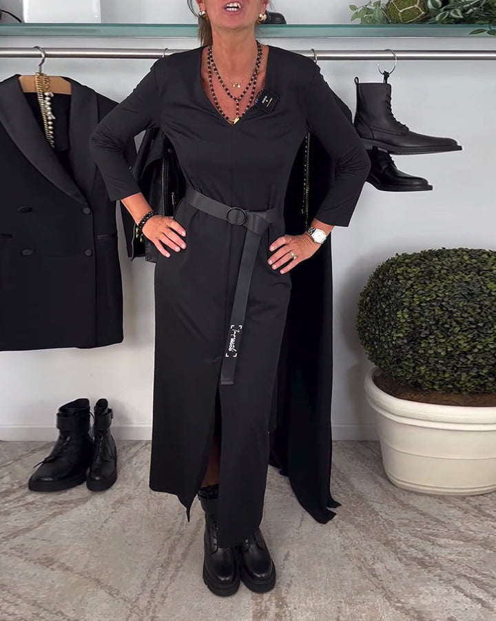 Fashion solid color V-neck slit dress
