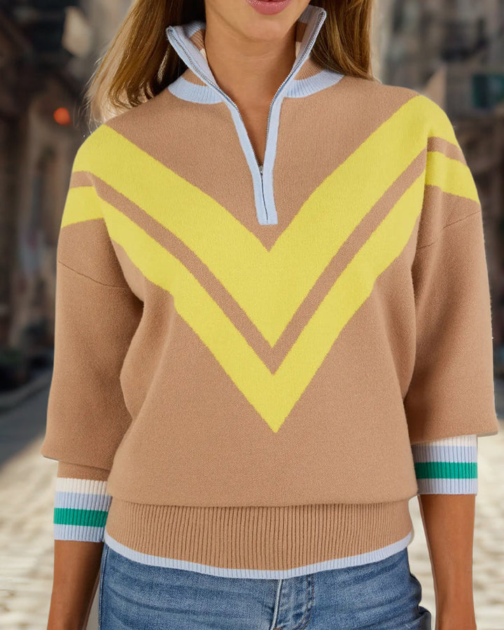 Half-Zip Collar Contrast Color Pullover