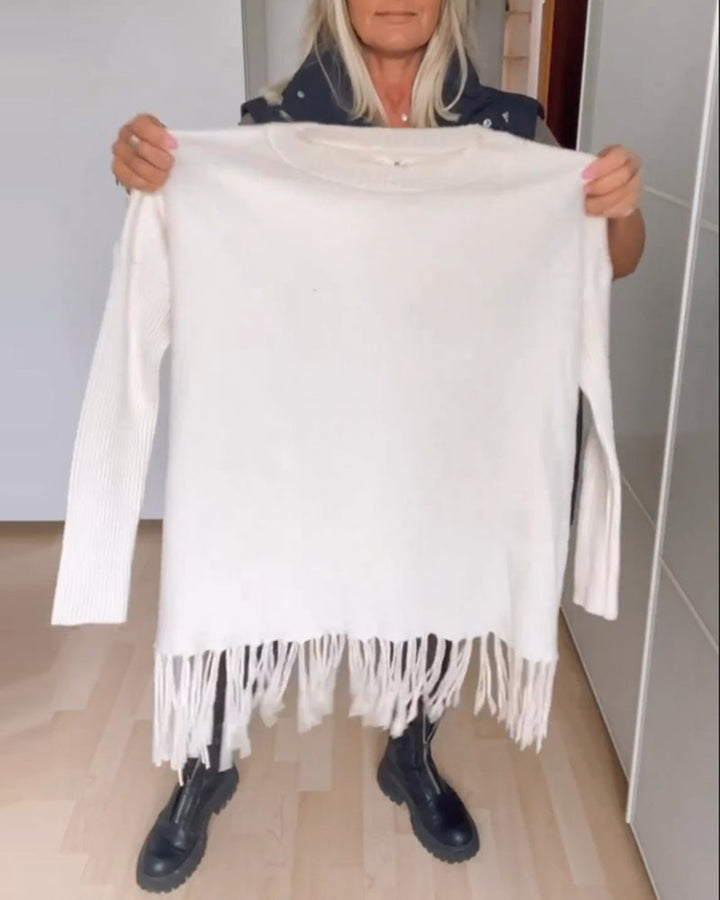 Solid color fringed casual sweater