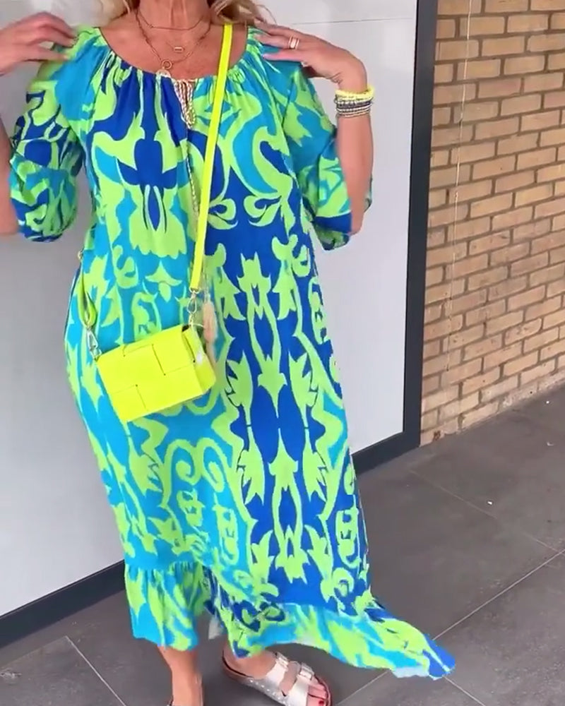 Bell Sleeve Holiday Print Dress