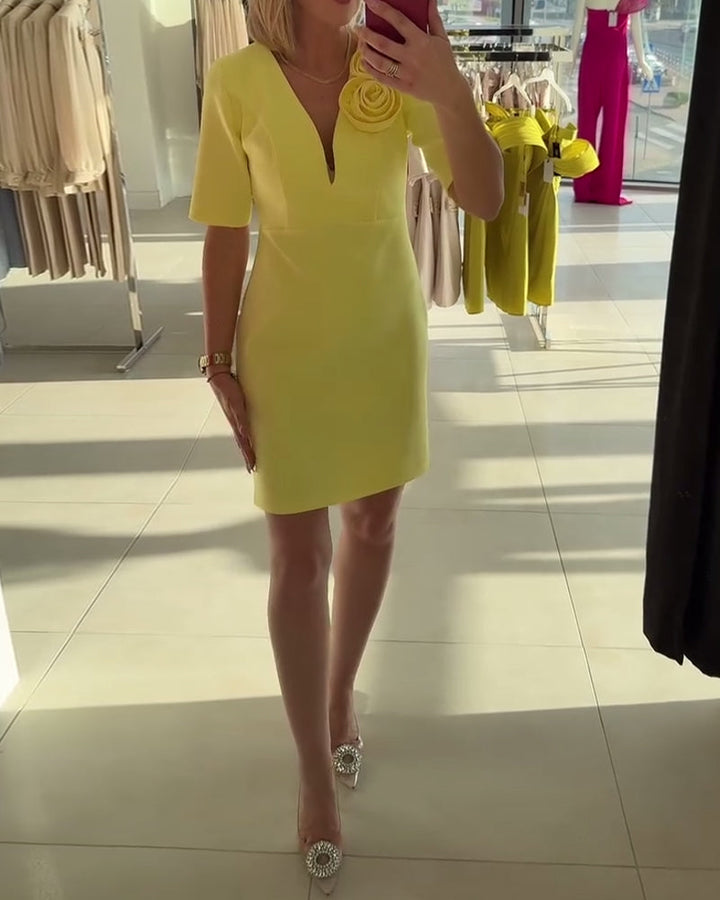 Elegant Handmade Flower Solid Color Dress